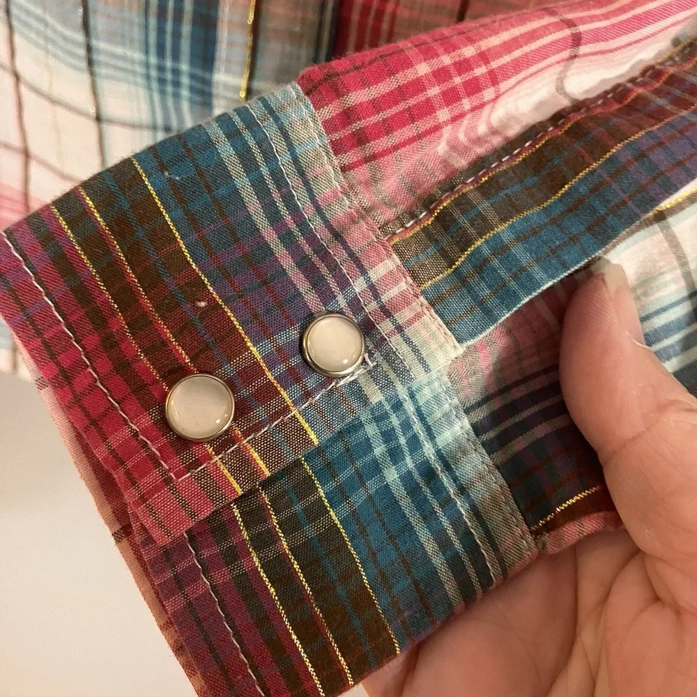 WRANGLER Wrancher Women's Button Up Blouse Plaid Sz L Pink Aqua Gold Western